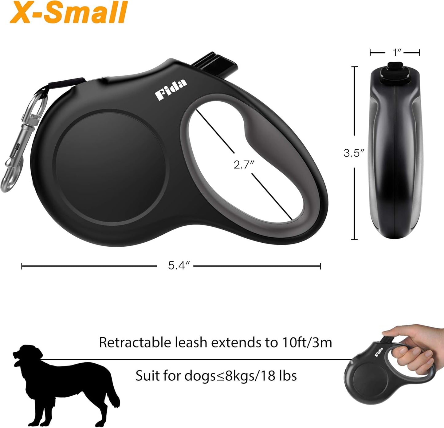 Retractable Dog Leash with Dispenser and Poop Bags, 10 Ft Pet Walking Leash for X-Small Dog or Cat up to 18 Lbs, Anti-Slip Handle, Tangle Free, Reflective Nylon Tape (XS, Black)