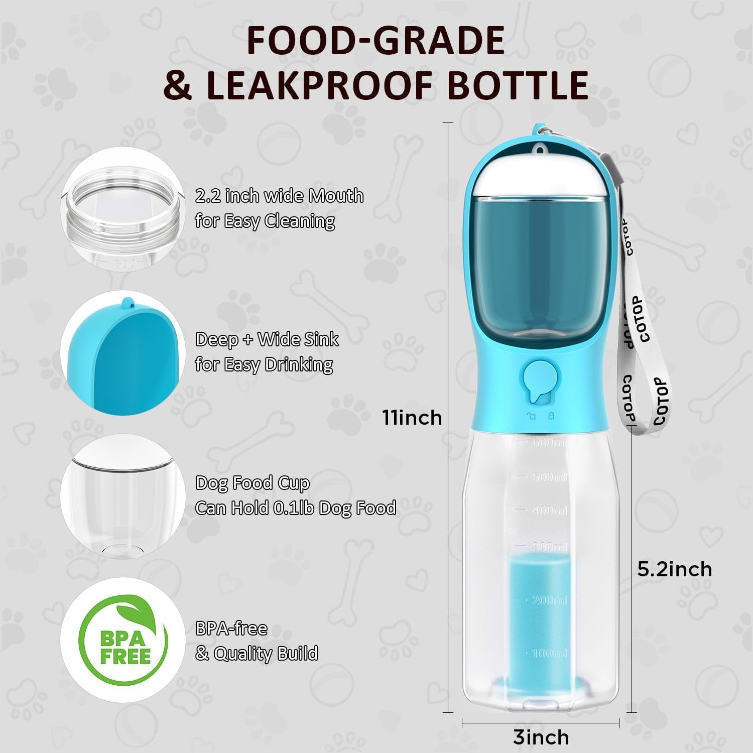 20Oz Dog Water Bottle with Food Container & Poop Bag Dispenser | Leak-Proof Portable Pet Water Dispenser with Carabiner Clip | for Walking, Hiking, Travel